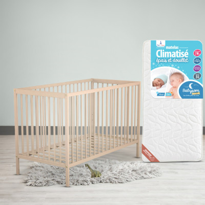 Lit bébé bois hetre brut + matelas bébé climatisé
