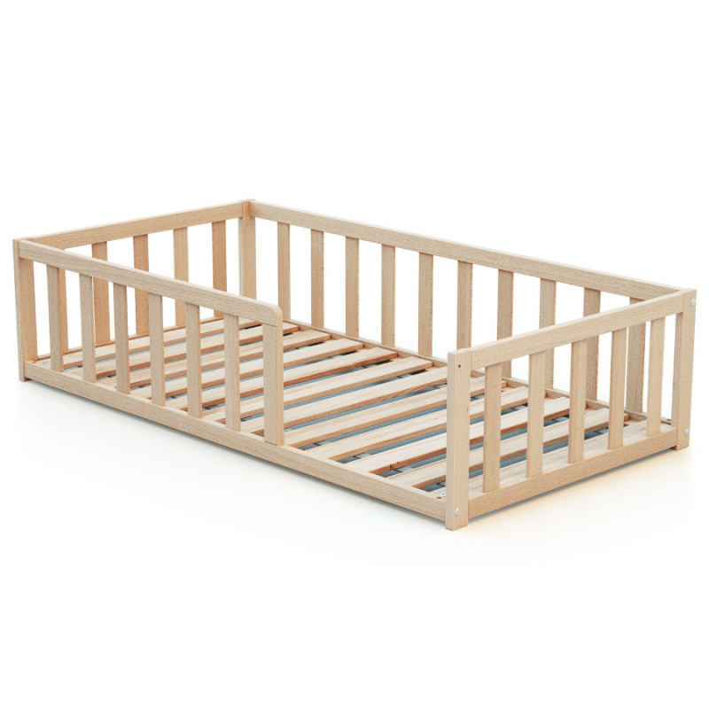 Lit au sol bois hêtre brut + matelas climatisé 70x140