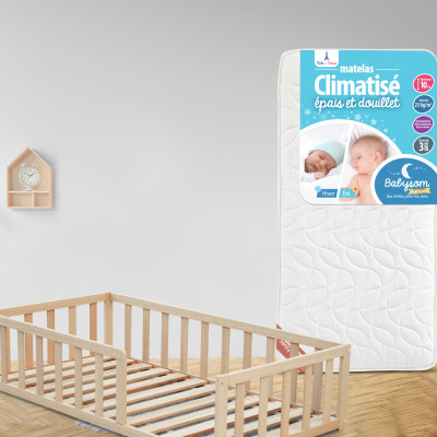 Lit au sol bois hêtre brut + matelas climatisé 70x140