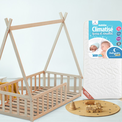 Lit Tipi bois hêtre brut + matelas climatisé 70x140