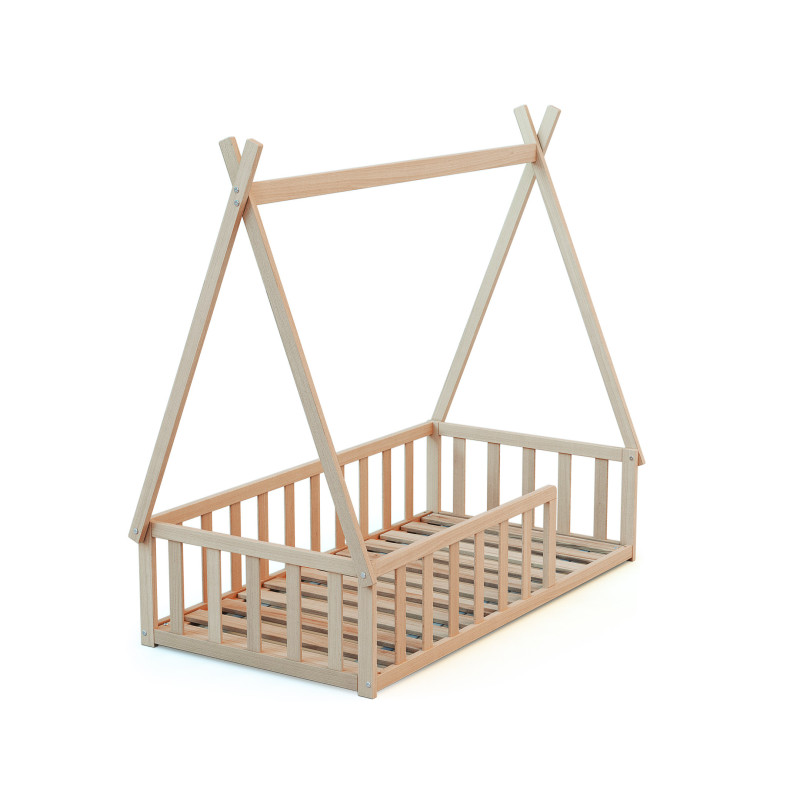 Lit Tipi bois hêtre brut + matelas climatisé 70x140