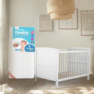 Lit bébé EVOLUTIF bois blanc + matelas bébé climatisé