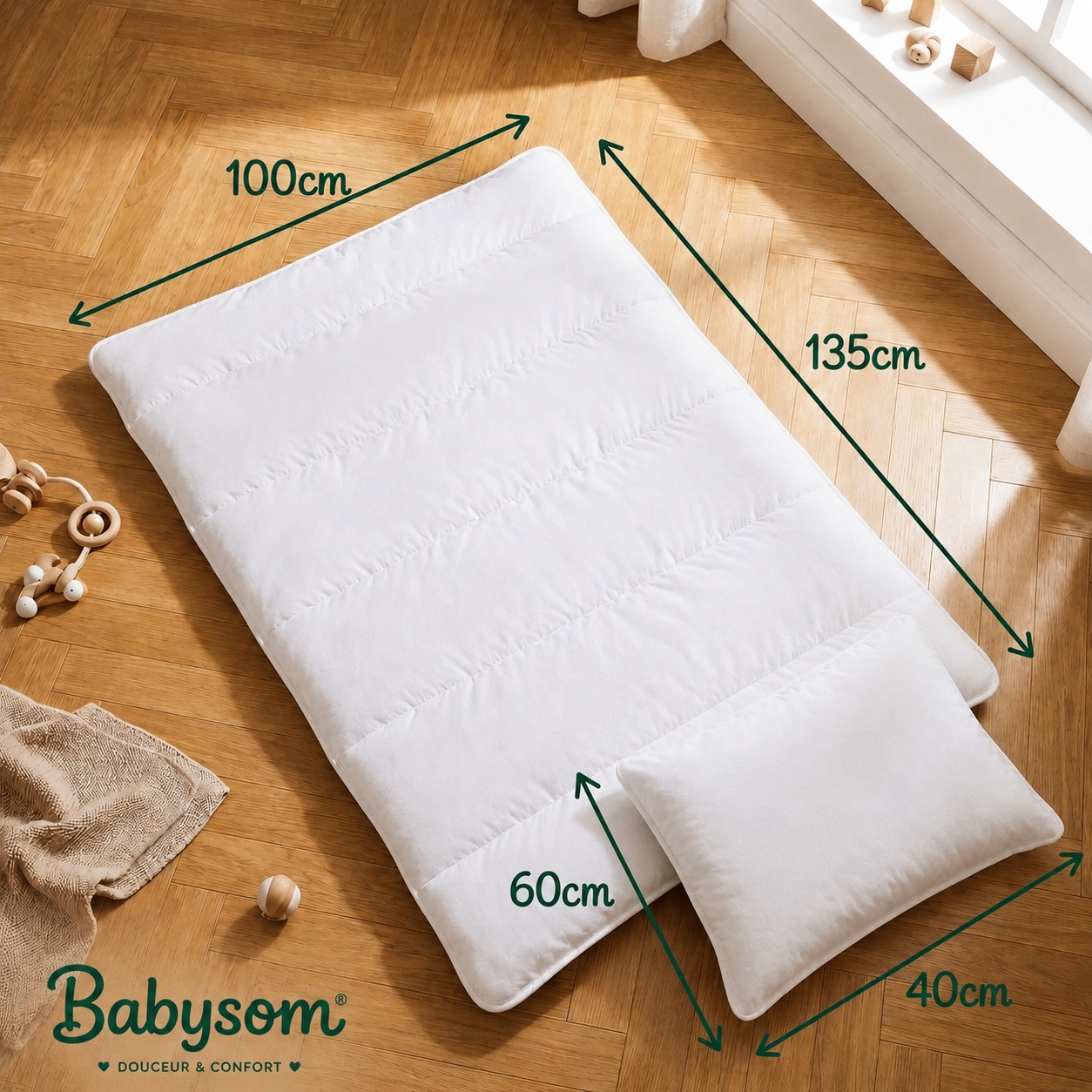 Dimensions couette Babysom 100 x 135 cm et oreiller 60 x 40 cm