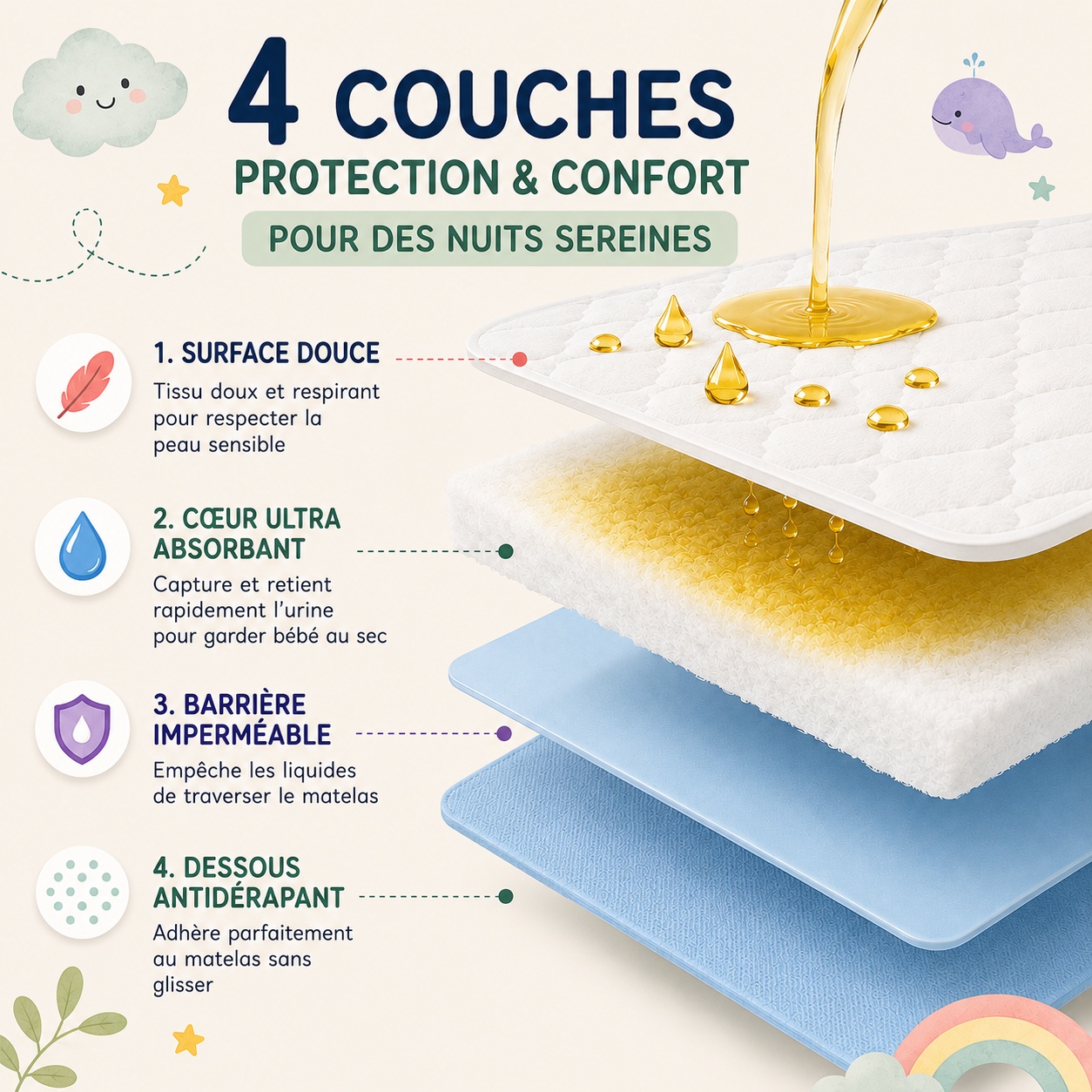 Les 4 couches de l'alèse bébé Babysom : surface douce, cœur absorbant, barrière imperméable, dessous anti-dérapant