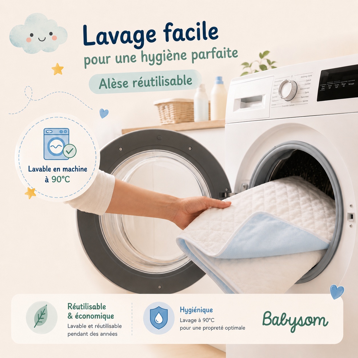 Alèse bébé Babysom lavable en machine à 90°C, réutilisable