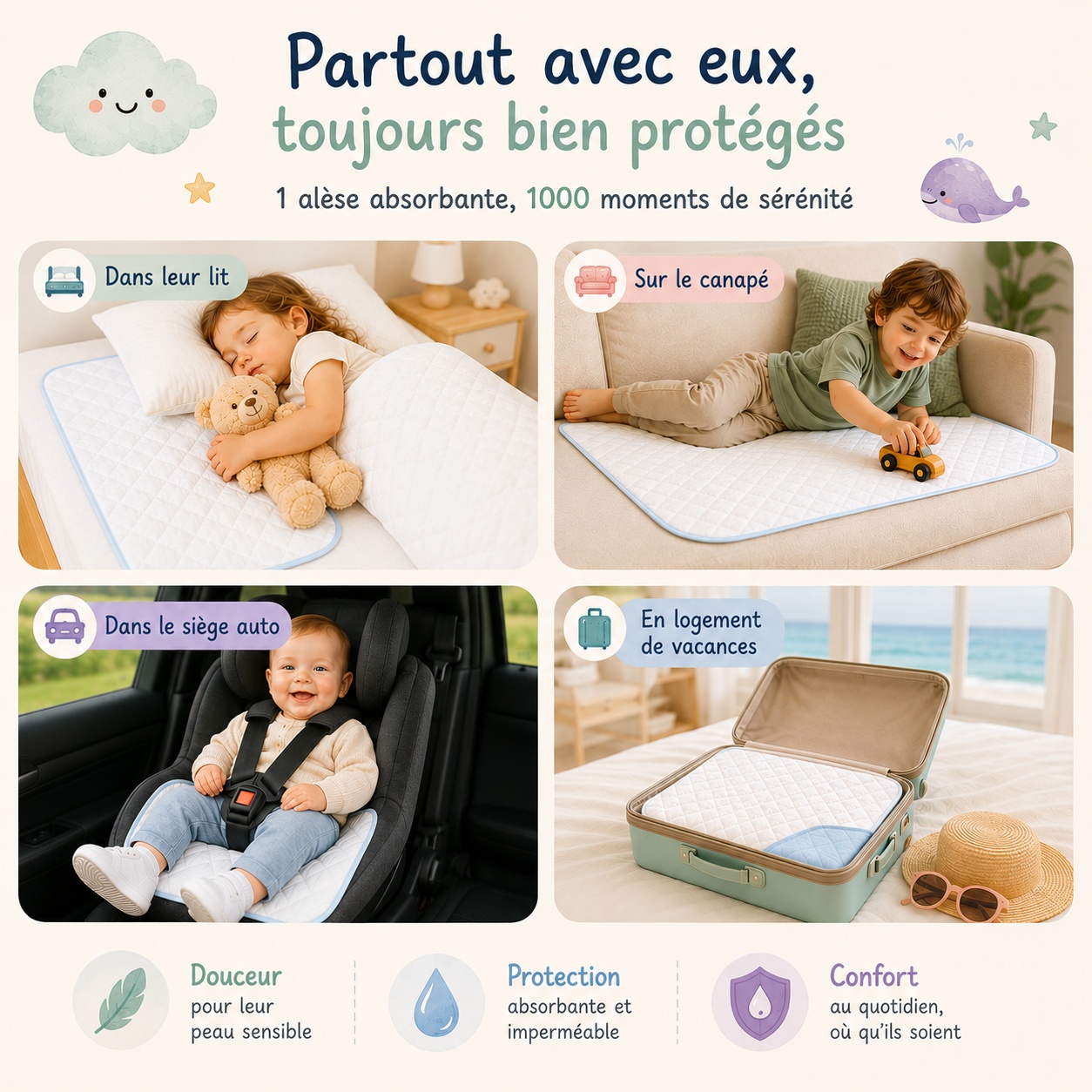 Alèse bébé Babysom multi-usages : lit, canapé, siège auto, vacances
