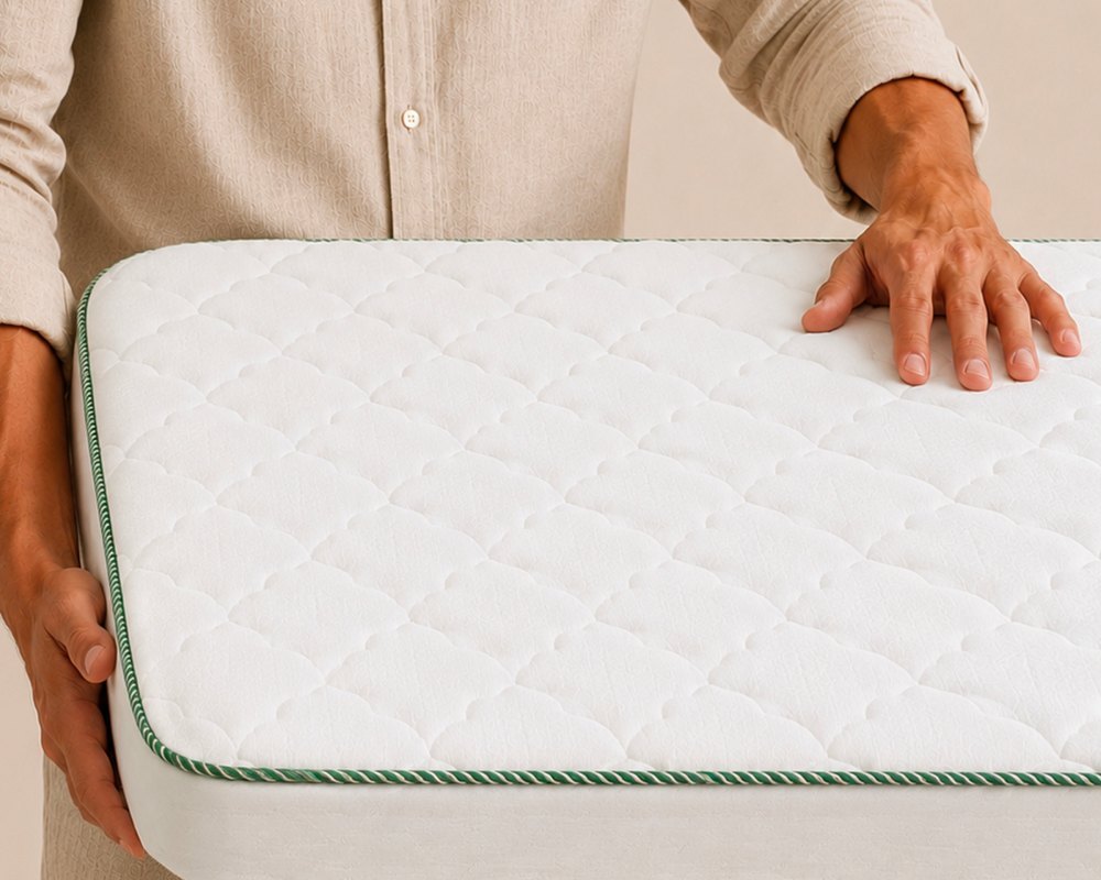 Une main posée sur le matelas Essentiel, tenu à deux mains